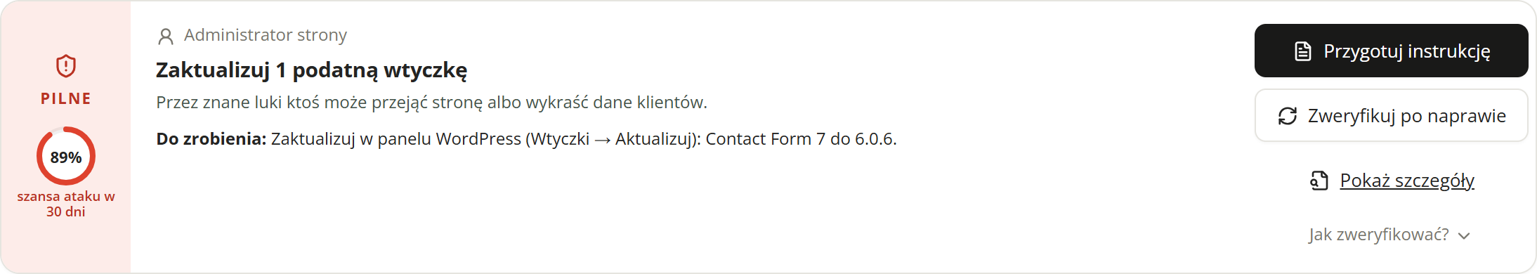 Karta sprawy z oceną ryzyka 89%
